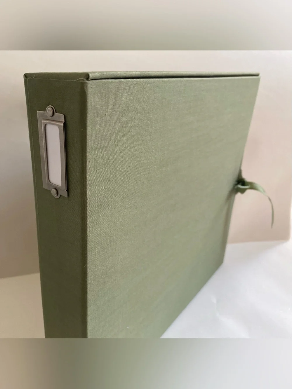 Olive Green Cloth Covered Scrapbook Album and Box, New 8”x8” Pages